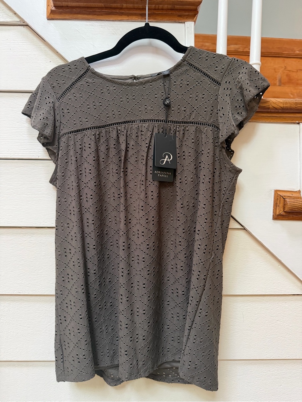 Adrianna Papell Eyelet Flutter Sleeve Top in Fatuige